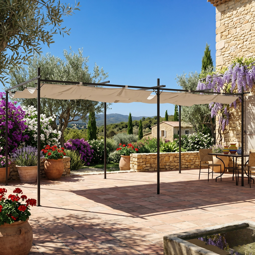 Pergola Aluminium Toit Rétractable 589 x 292 cm — Anti-UV Crème - photo 1