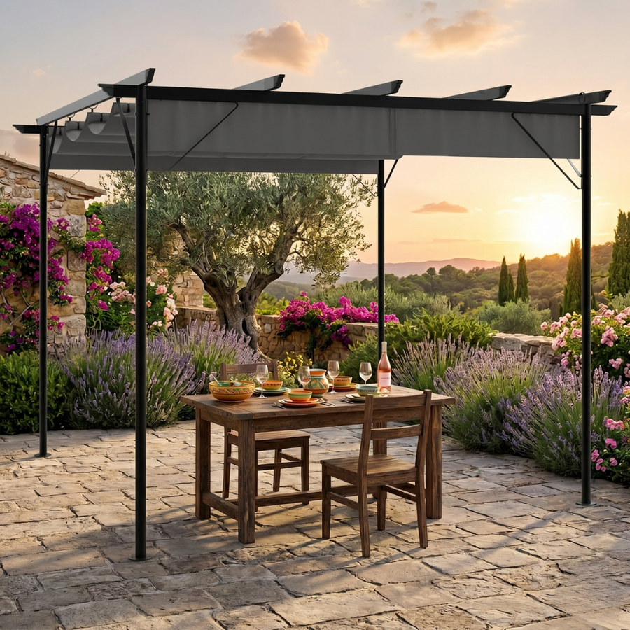 Pergola Acier 3x3 m — Toit Toile Rétractable Coulissant