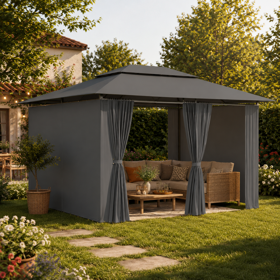 Tonnelle de Jardin Acier 4x3 m — Rideaux Zippés & Toit Venté