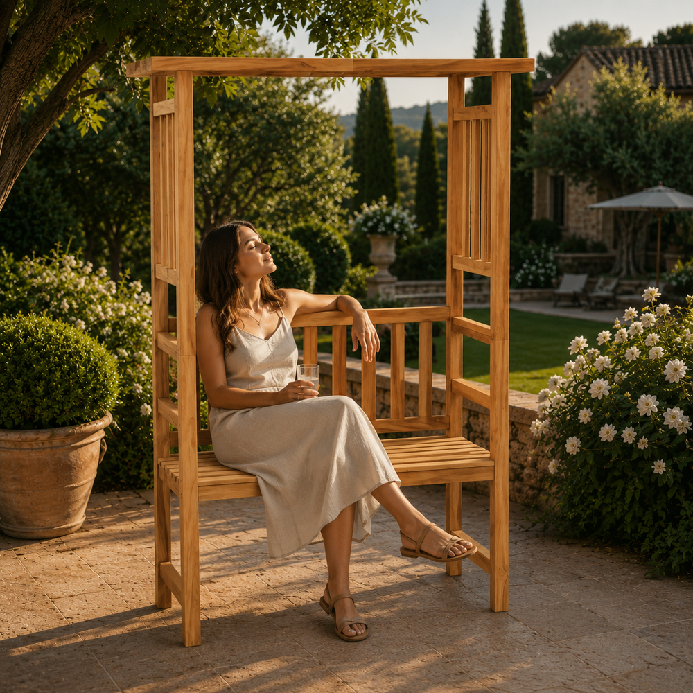 Un banc en teck, sculpte pour durer des generations.